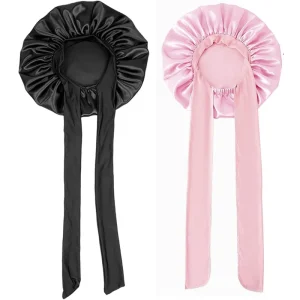 2PCS Satin Bonnets With Tie Band (Pink+Black)