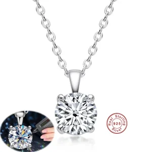 Sterling Silver, Four Claw Necklace, Real Moissanite Pendant