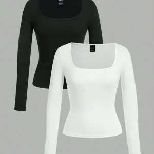 2-Pack Women's Square Neck Long Sleeve Fitted T-Shirts
